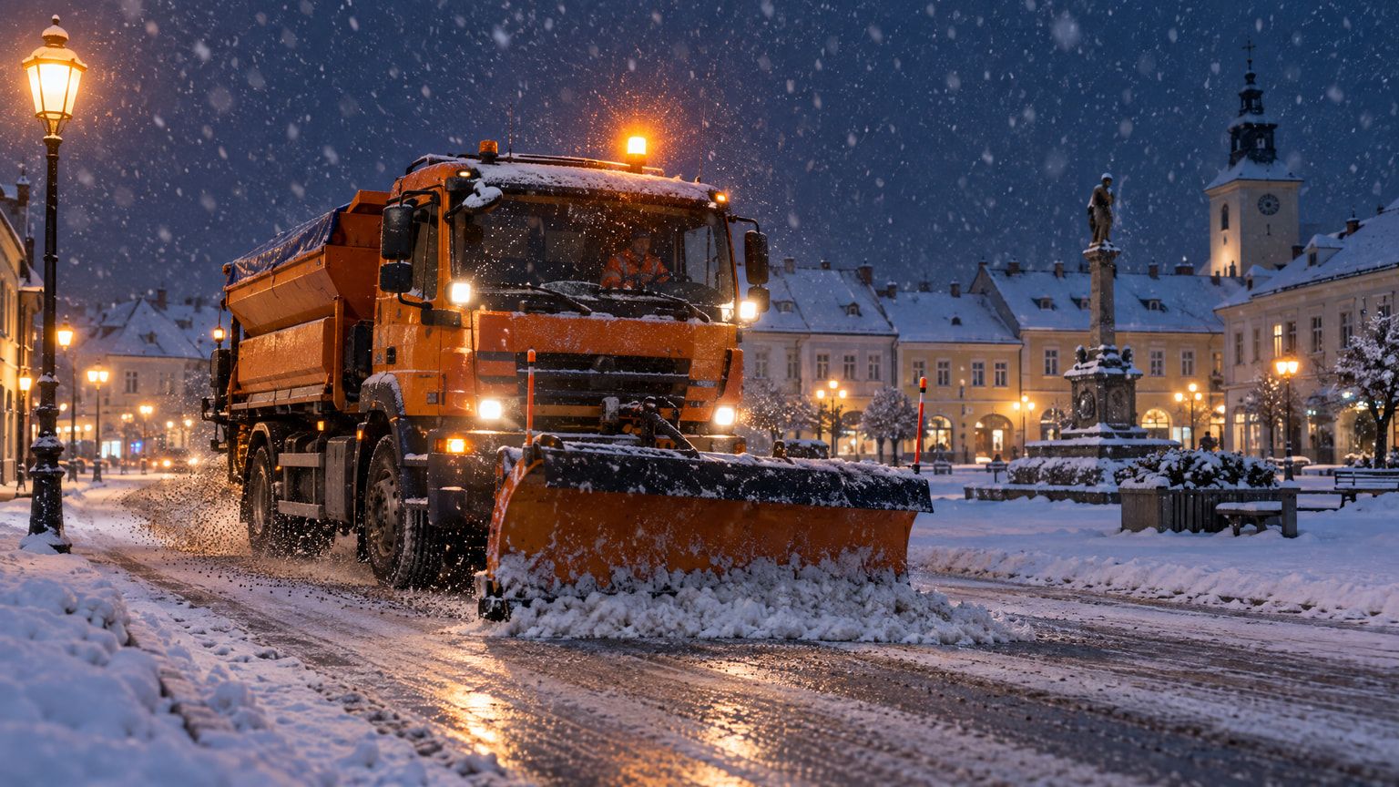 Sypač s radlicí při zimní údržbě náměstí v noci